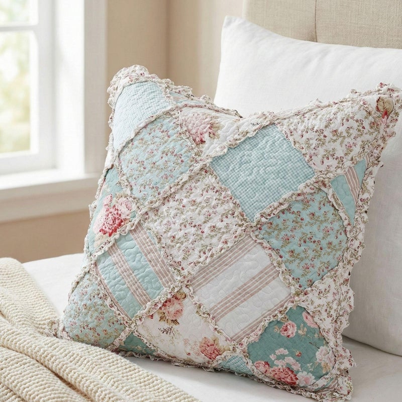 DaDa Bedding غطاء وسادة يورو مزخرف من دادا Bedding - لمسة من النعناع قطن حديقة ريفية - تجاعيد بألوان باهتة من الأزرق/الأخضر البحري - 26" x 26" - Image 4